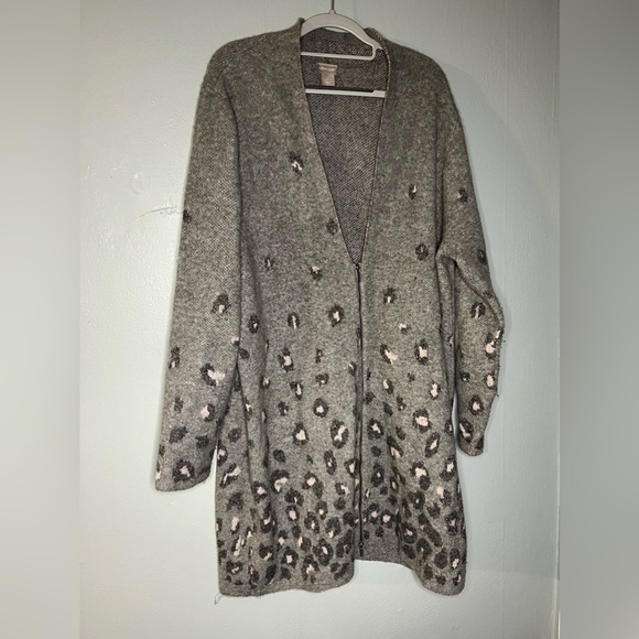 Chico’s Gray Animal-Print Embellished Jacquard Cardigan - Picture 1 of 7